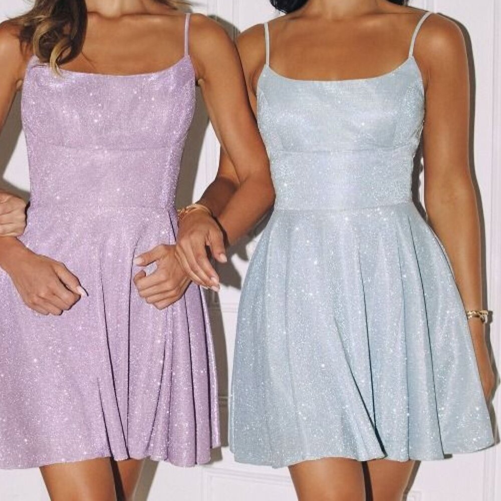 New A-Line Sleeveless Glitter Dress w/ Spaghetti Straps & Zipper Back CD T103